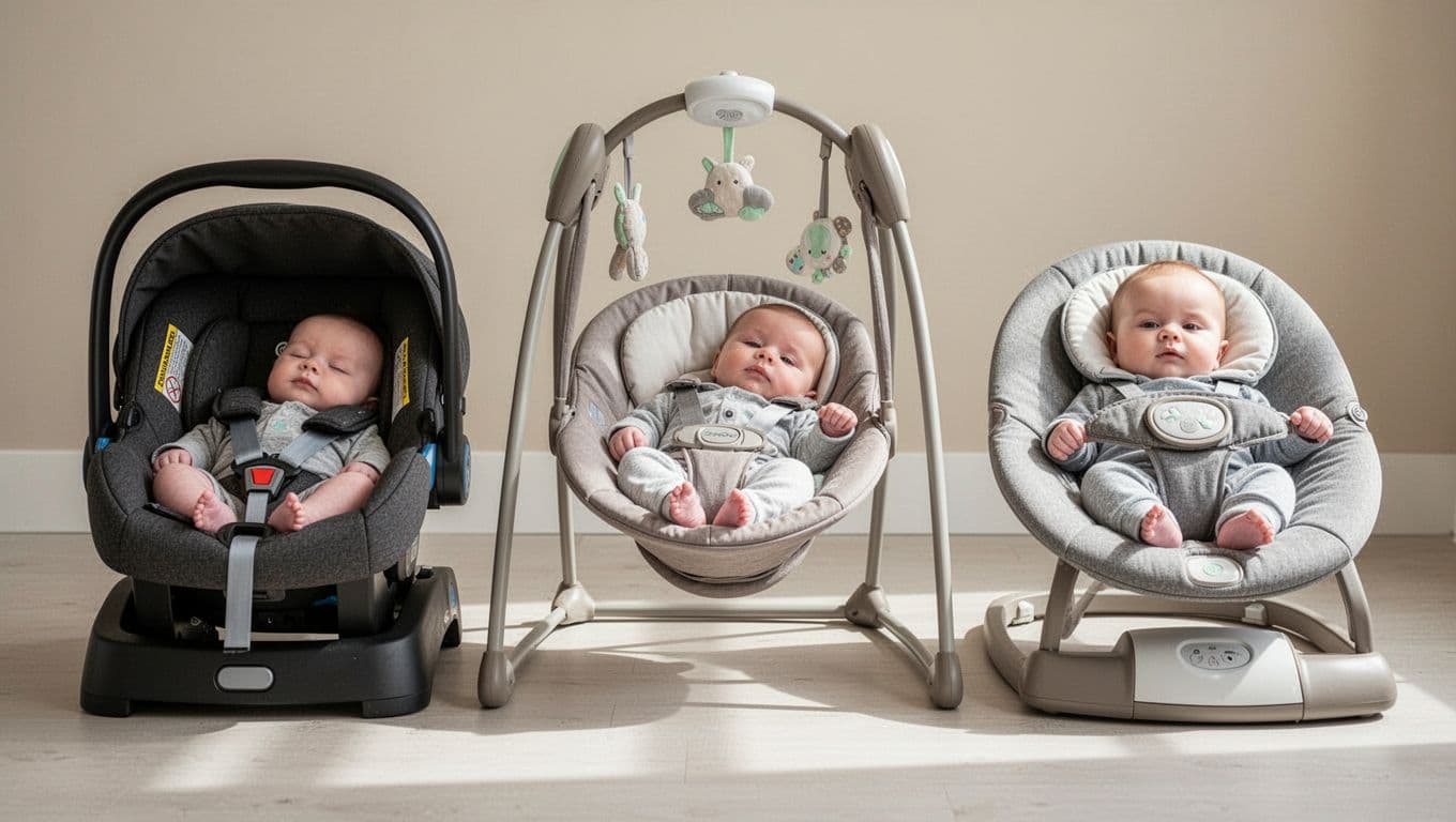 Three infants side by side: one in car seat with head against side, one leaning back in swing, one with head on bouncer support.