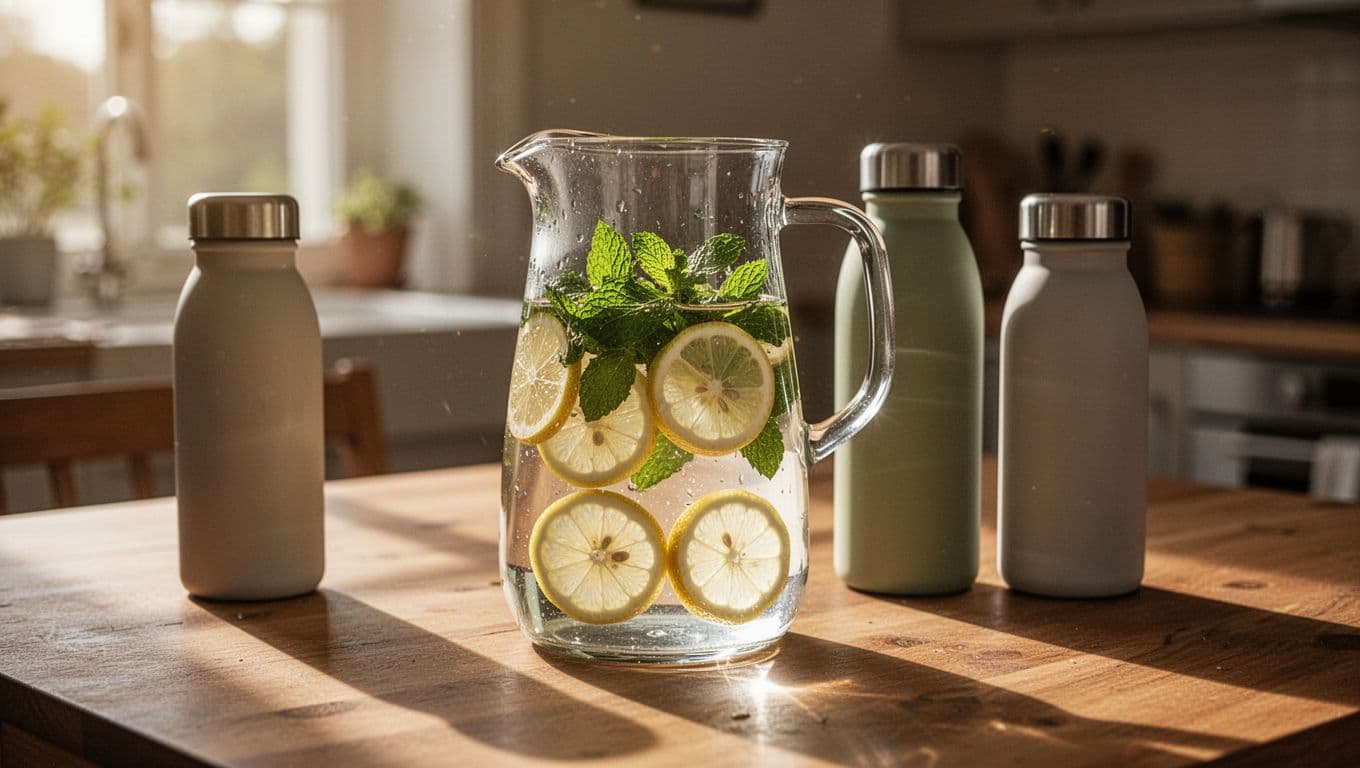 A glass pitcher filled with sliced lemons and fresh mint leaves sits on a wooden table beside reusable water bottles. Warm sunlight creates natural highlights across the refreshing homemade citrus beverage.