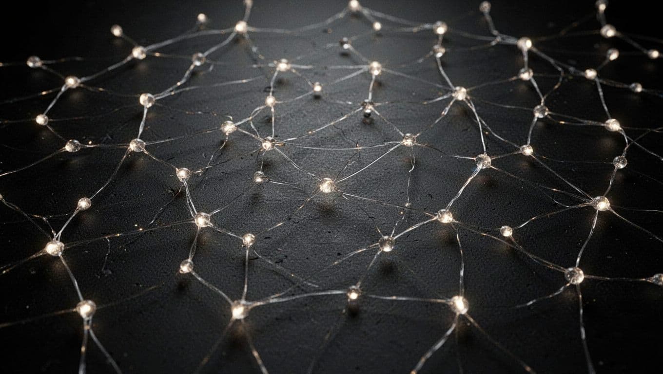 Glowing luminous threads stretch across a dark, textured surface to form complex triangular patterns. These bright nodes and connecting lines represent an expansive network of information emerging from the deep shadows.