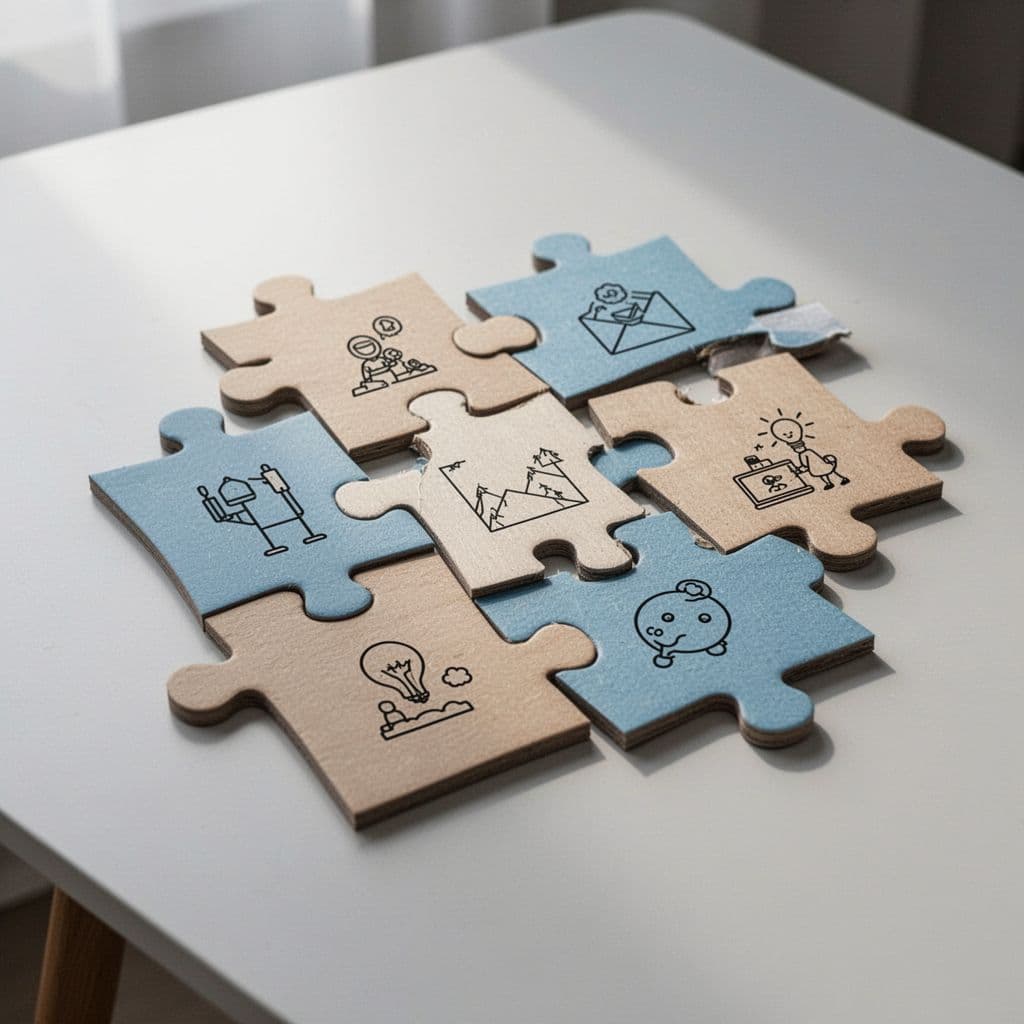 Distinct puzzle pieces featuring simple icons fit together on a minimalist light-colored table.