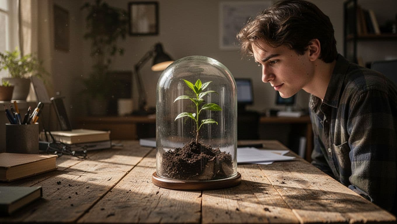A person intently examines a small green plant thriving inside a glass cloche on a weathered wooden desk. Soft golden light illuminates the scene, contrasting with the dark office background.