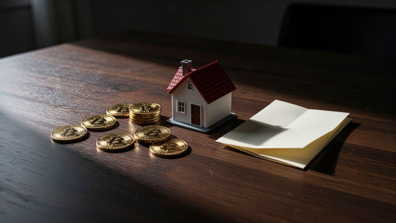 A miniature house model, stack of metal coins, and a legal document sit on a dark wooden surface. High-contrast side lighting creates dramatic shadows across the organized financial planning tools.