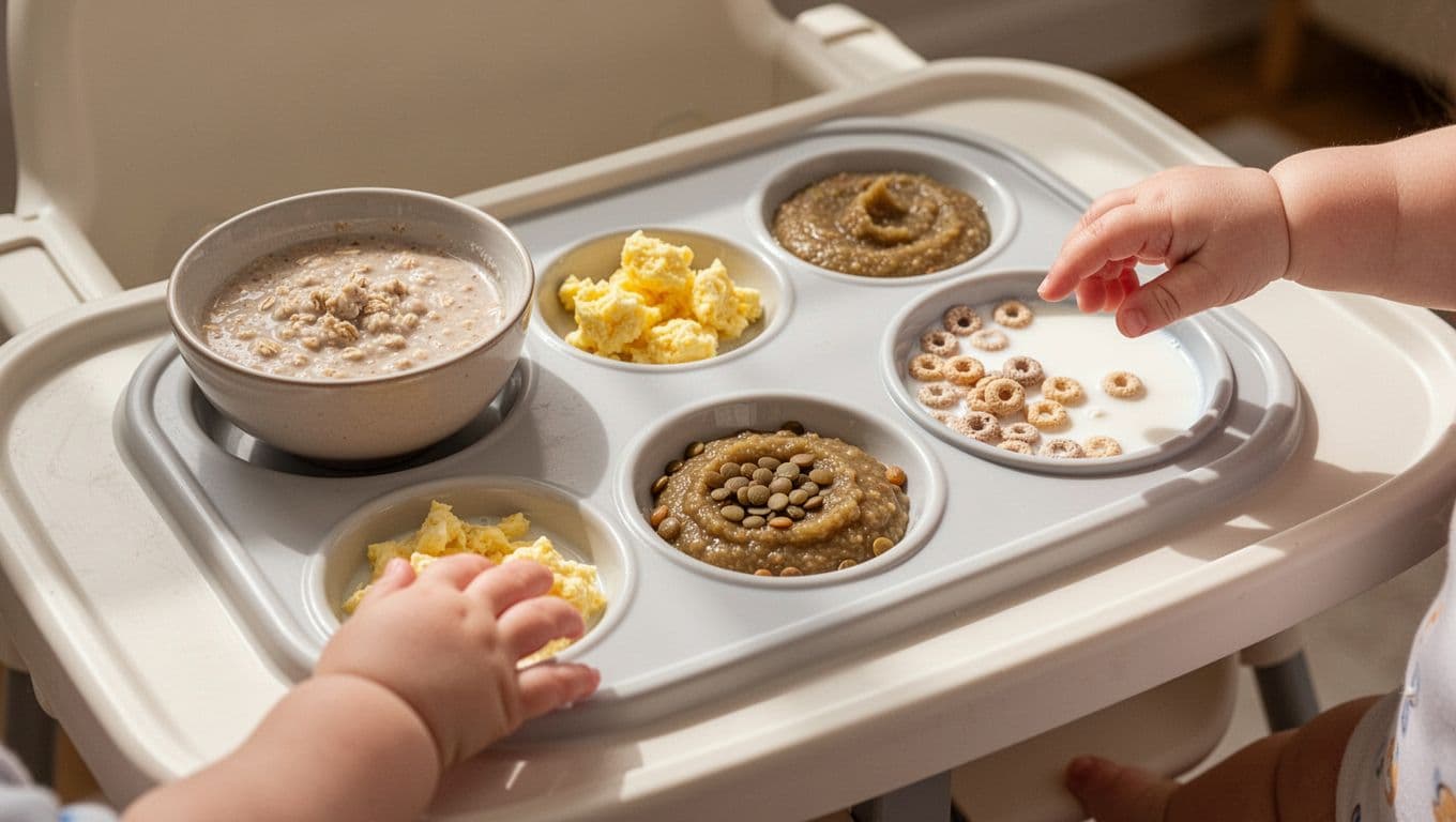 High chair tray holds small portions of oatmeal, scrambled eggs, lentil puree, and cereal with milk; one baby hand reaches gently.