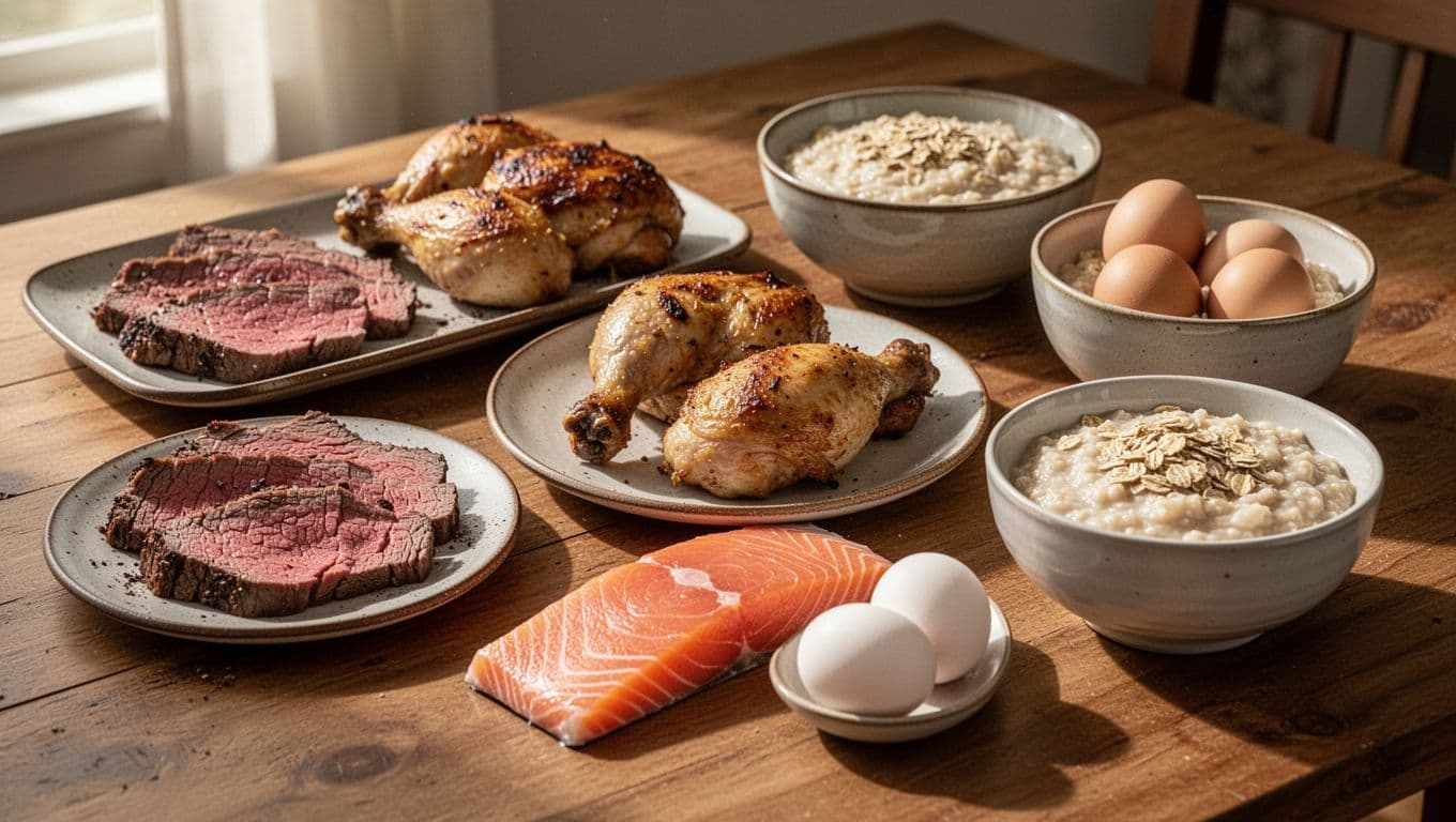 A rustic wooden table displays a healthy variety of iron-rich meals, including grilled salmon, lean steak, roasted chicken, hard-boiled eggs, and ceramic bowls filled with hearty fortified oatmeal under soft light.