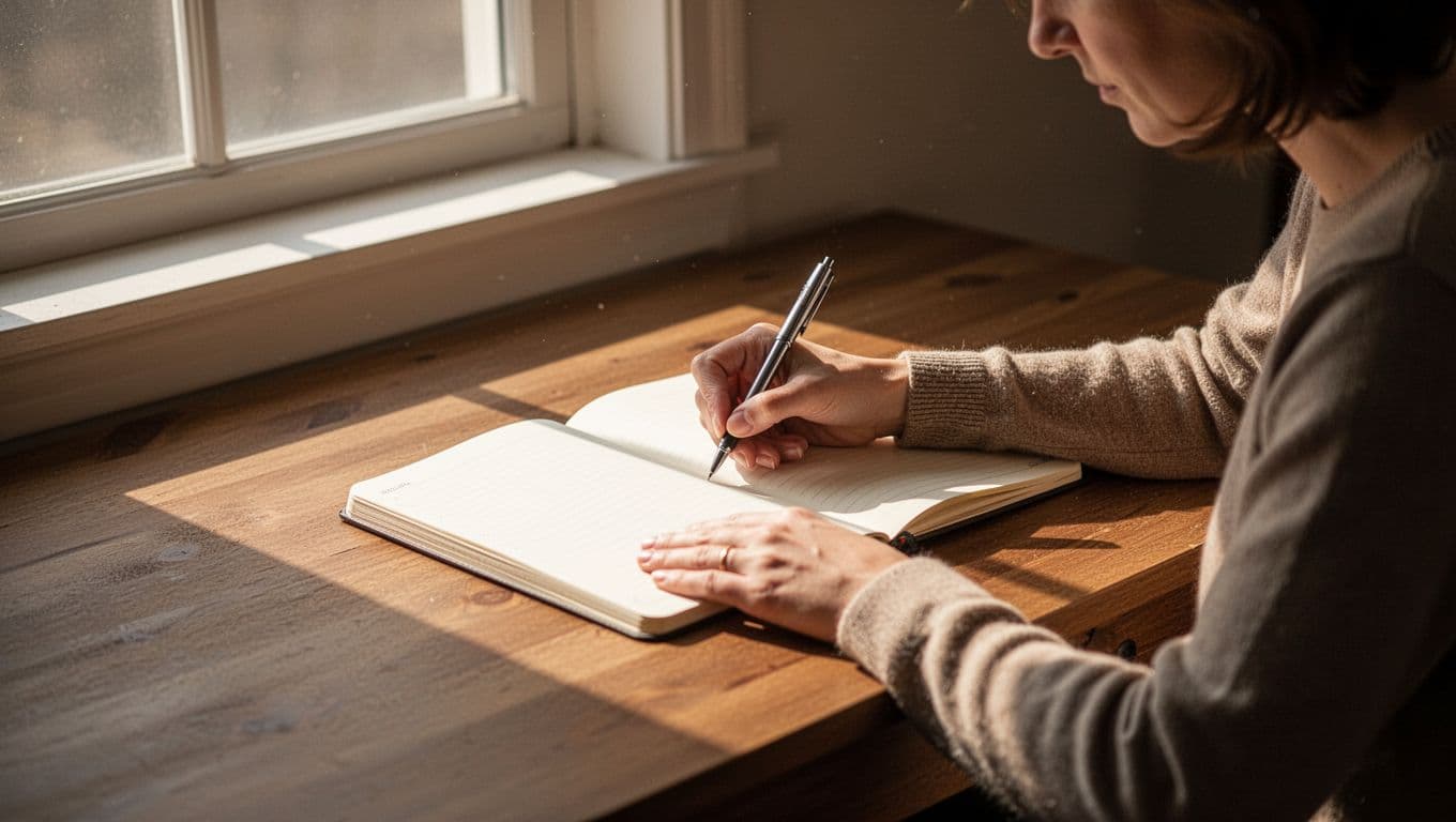 A person sits at a wooden desk, writing in a paper journal with a metal pen. Golden morning light floods the room, casting soft shadows across the handwritten notes and pages.