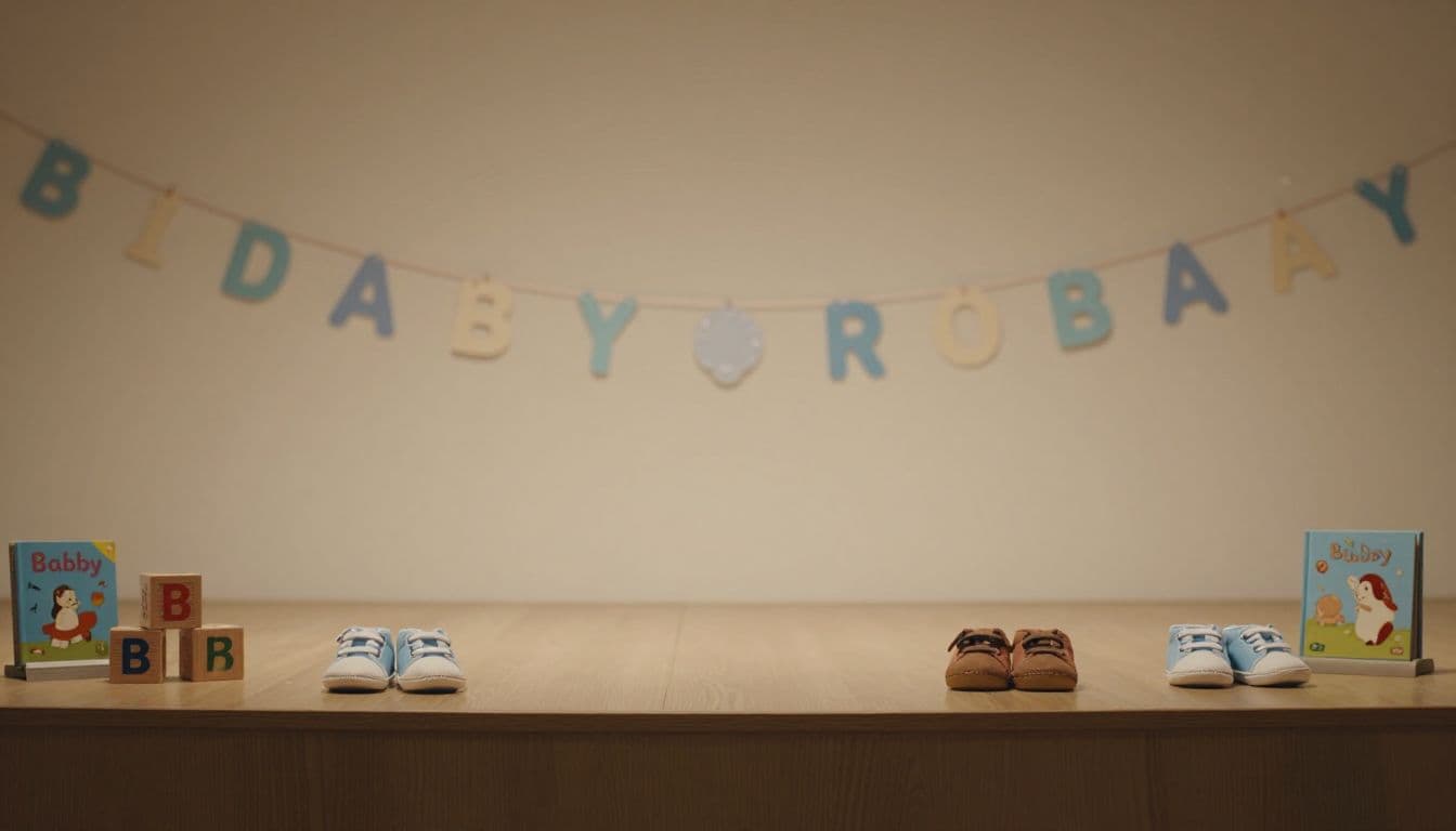 A festive stage features wooden blocks spelling baby beside tiny white shoes and open storybooks. Warm cinematic lighting illuminates these delicate props, creating a sweet and lived-in celebration atmosphere.