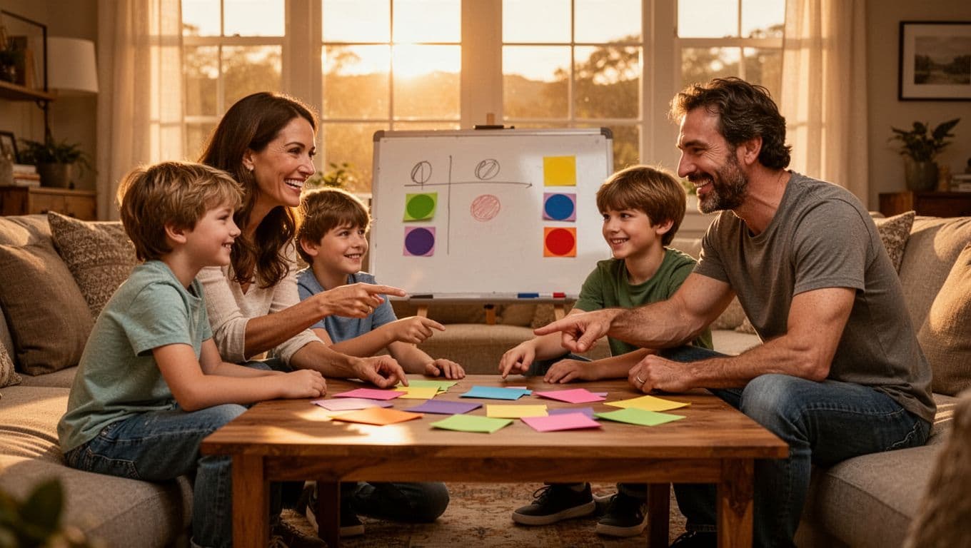 Warm family scene in a cozy living room with soft evening light, featuring one mom, one dad, and two young children aged 8 and 10 sitting around a low wooden coffee table covered with colorful paper slips listing baby names, smiling and pointing at votes on a nearby whiteboard, in casual clothes, joyful collaborative atmosphere, photorealistic style.