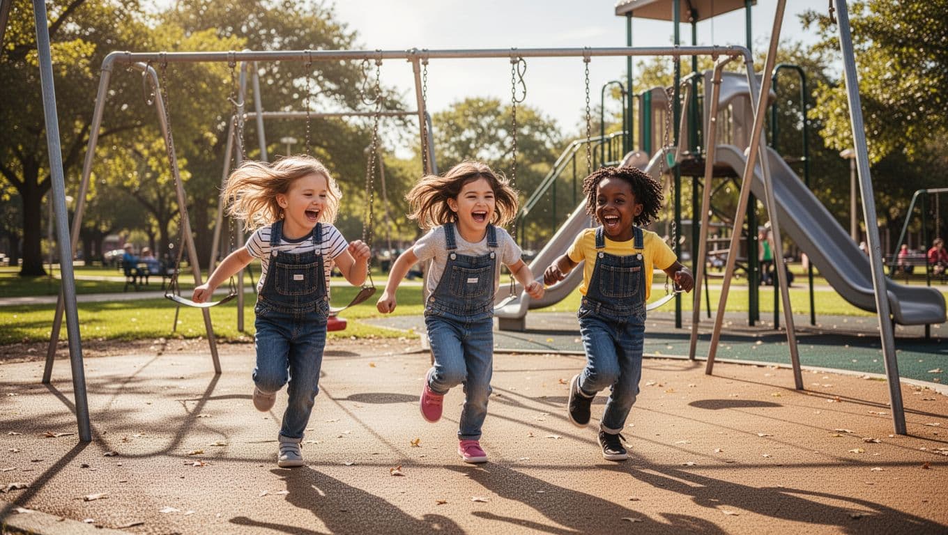 Three 7-year-old children run and laugh during a group game on a sunny playground with swings and slide in background.