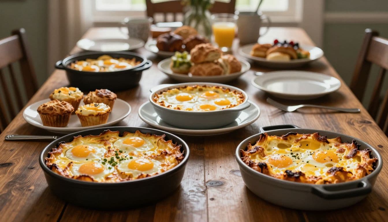 A wooden table displays a hearty keto breakfast featuring savory egg muffins and a bubbling cheesy casserole. Warm morning sun highlights the textures of the food against a cozy kitchen backdrop.