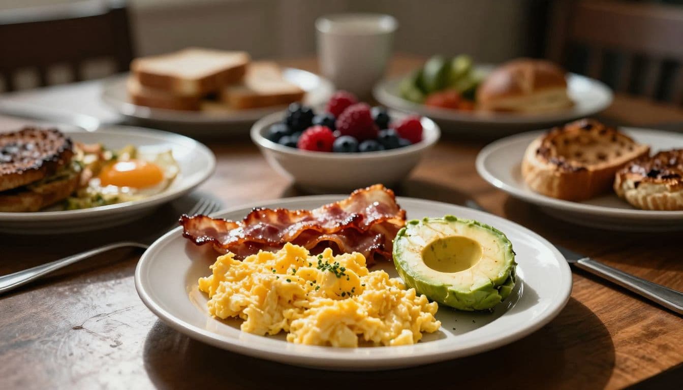 A rustic wooden table features a hearty meal of golden scrambled eggs, crispy bacon strips, sliced green avocado, and a bowl of fresh berries illuminated by soft morning light rays.