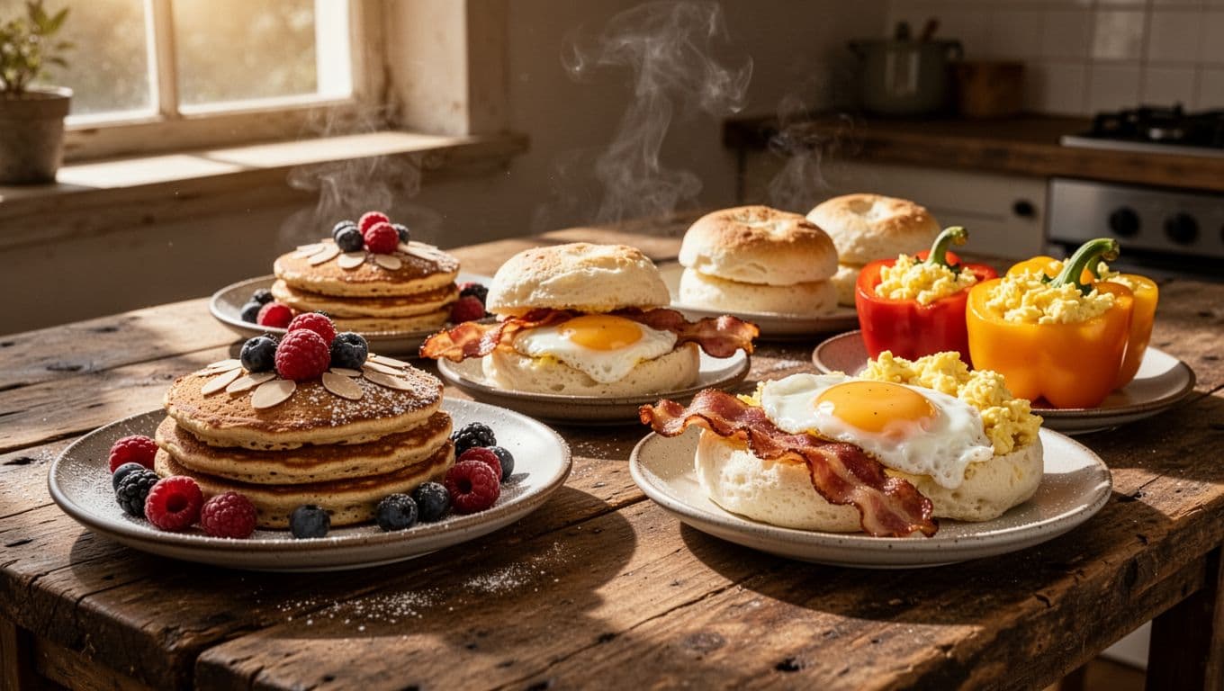 A rustic wooden dining table displays keto-friendly breakfast dishes including almond flour pancakes with fresh berries, cloud bread egg sandwiches, and colorful stuffed peppers filled with fluffy scrambled eggs and bacon.