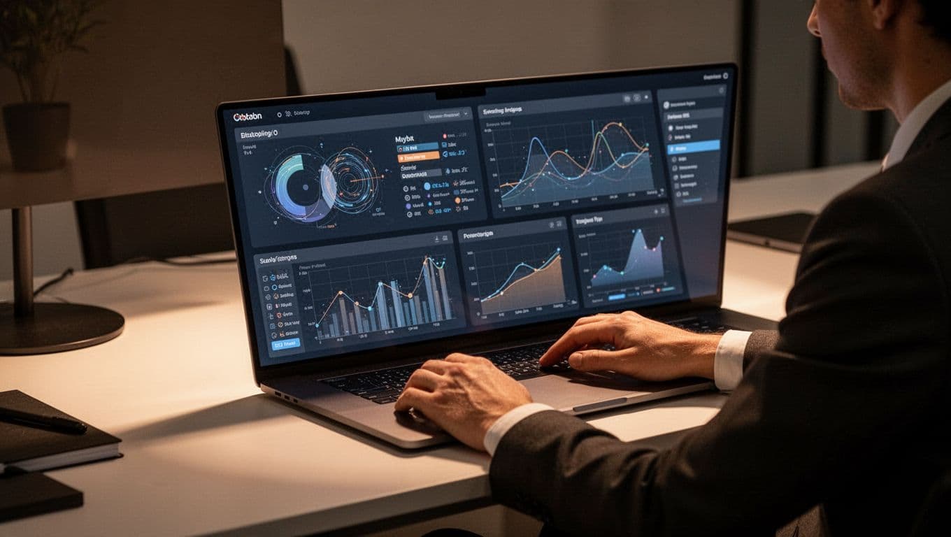 A close-up view displays a digital interface filled with organized data lists on a laptop screen. Warm, dramatic cinematic lighting casts soft shadows across the focused, professional workspace during research.