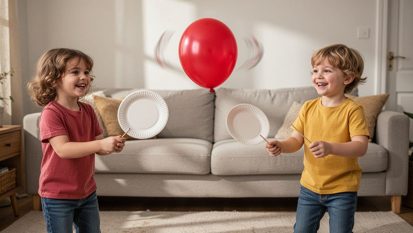 Two smiling kids aged 4-7 hit a motion-blurred balloon with paper plate paddles in a living room.