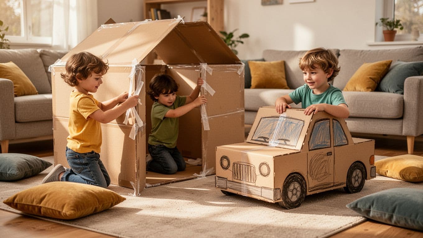 Two young children tape boxes into a fort and draw wheels on a car box in a bright living room.