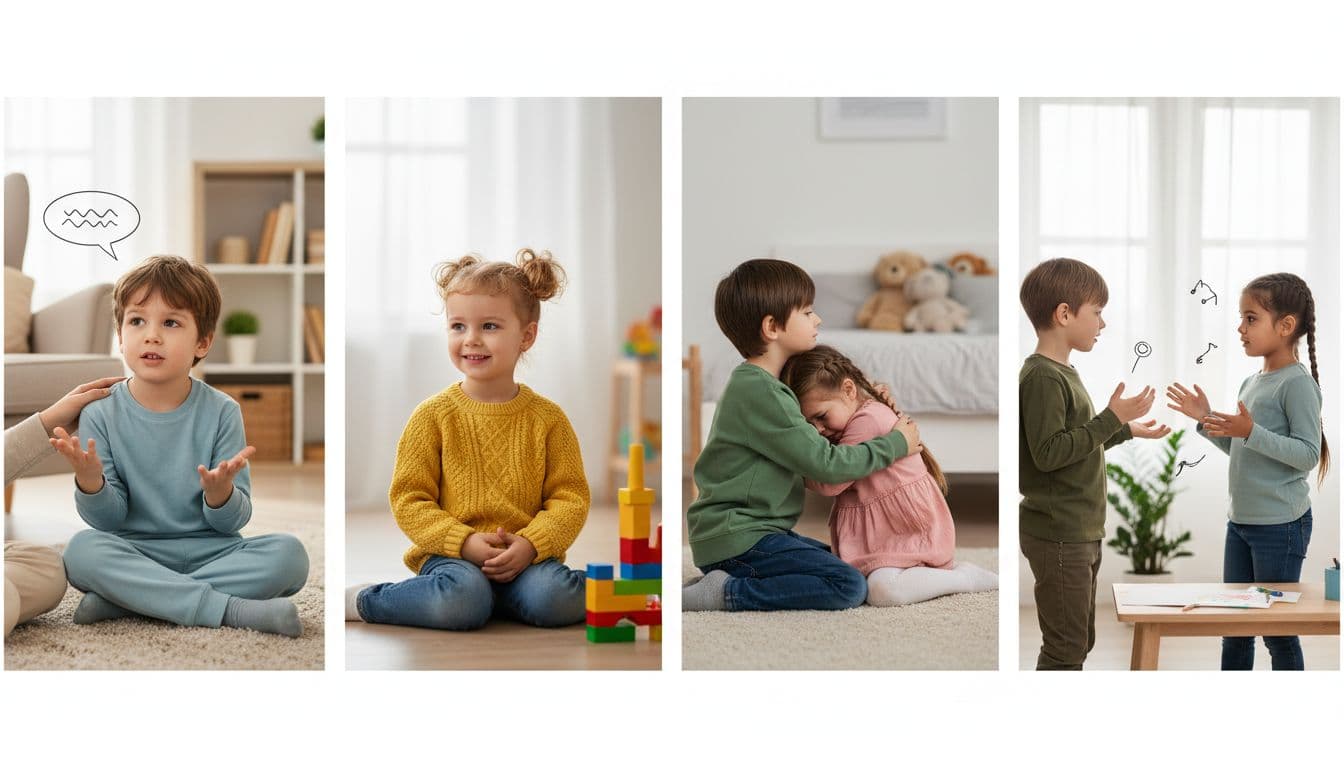 Four realistic vignettes side-by-side showing young children in cozy homes demonstrating key emotional intelligence: verbal frustration expression, patient waiting, comforting a sad friend, and resolving disagreements openly.
