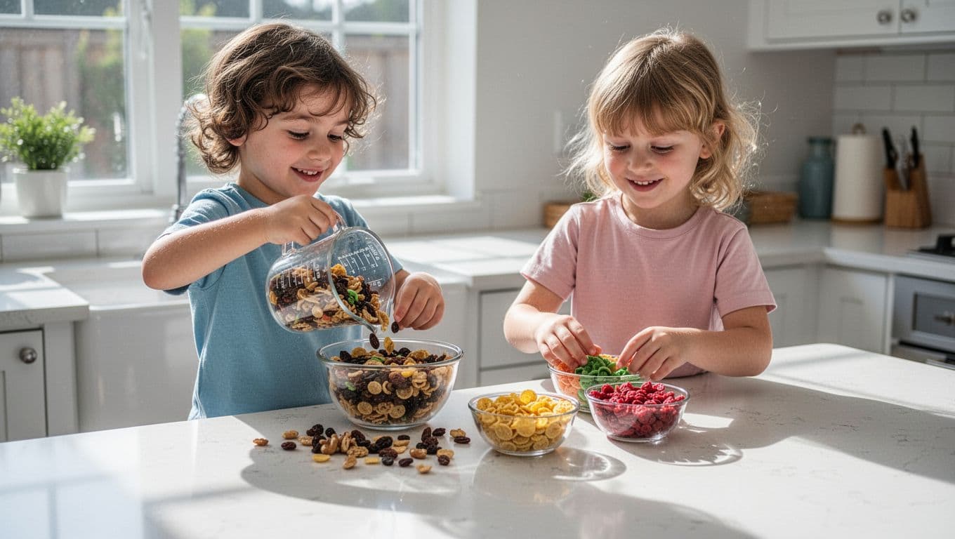 Two young children at kitchen counter pour from measuring cup and sort colorful raisins, nuts, cereal into bowls.