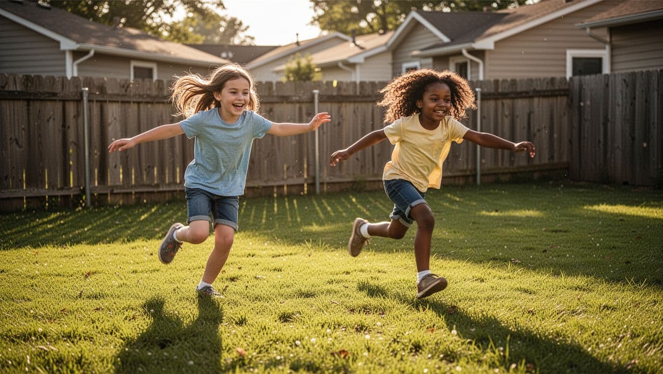A group of energetic children runs across a lush green suburban lawn during a vibrant summer afternoon. Golden sunlight illuminates their movement as they chase each other in a joyful game.