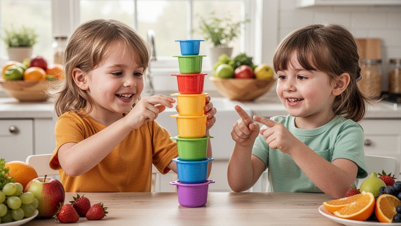 Young child stacks plastic measuring cups into tall wobbly tower on kitchen table; another child counts layers with fingers.