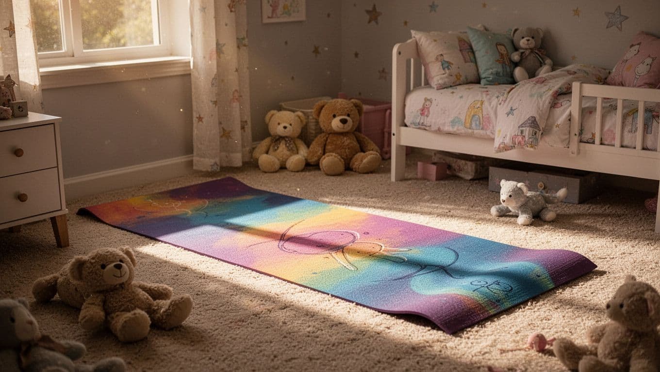 A vibrant, colorful yoga mat rests on a soft bedroom carpet surrounded by several plush stuffed animals. Warm sunlight pours through the frame to create a peaceful, inviting environment for children.