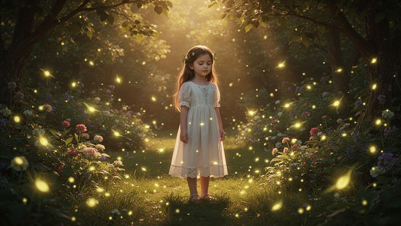 A graceful young woman with a gentle expression stands amidst vibrant blooming flowers and lush greenery. Countless glowing fireflies illuminate the air around her, creating a magical and warm golden atmosphere.