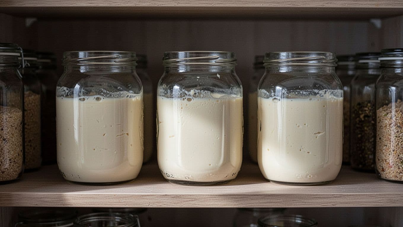 Three clean glass jars with pale contents, labeled with dates and names, in organized row on wooden shelf in dark pantry.