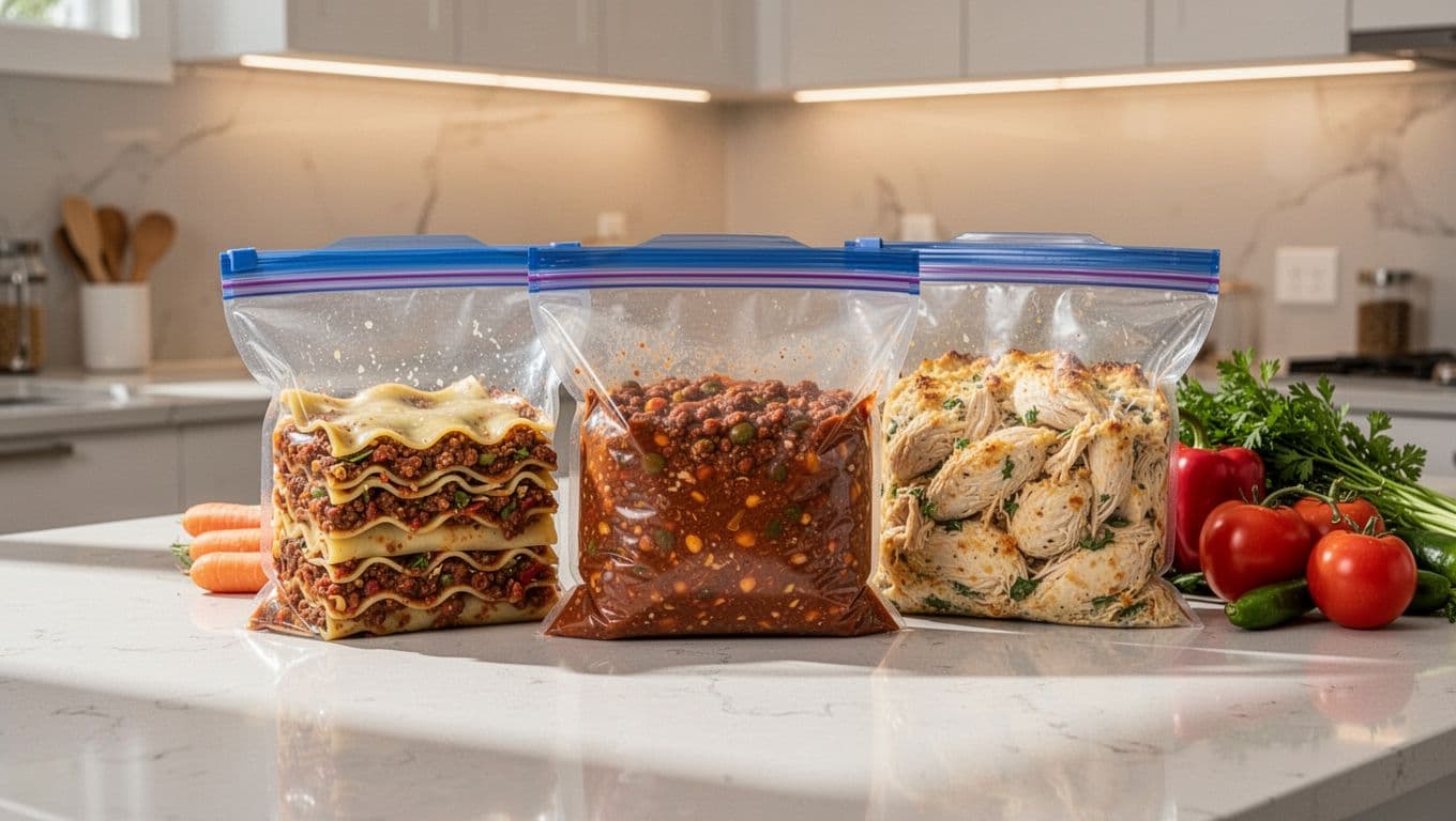 Three Ziploc bags labeled Lasagna, Chili, and Casserole stacked neatly on a modern kitchen counter next to fresh vegetables under warm lighting.