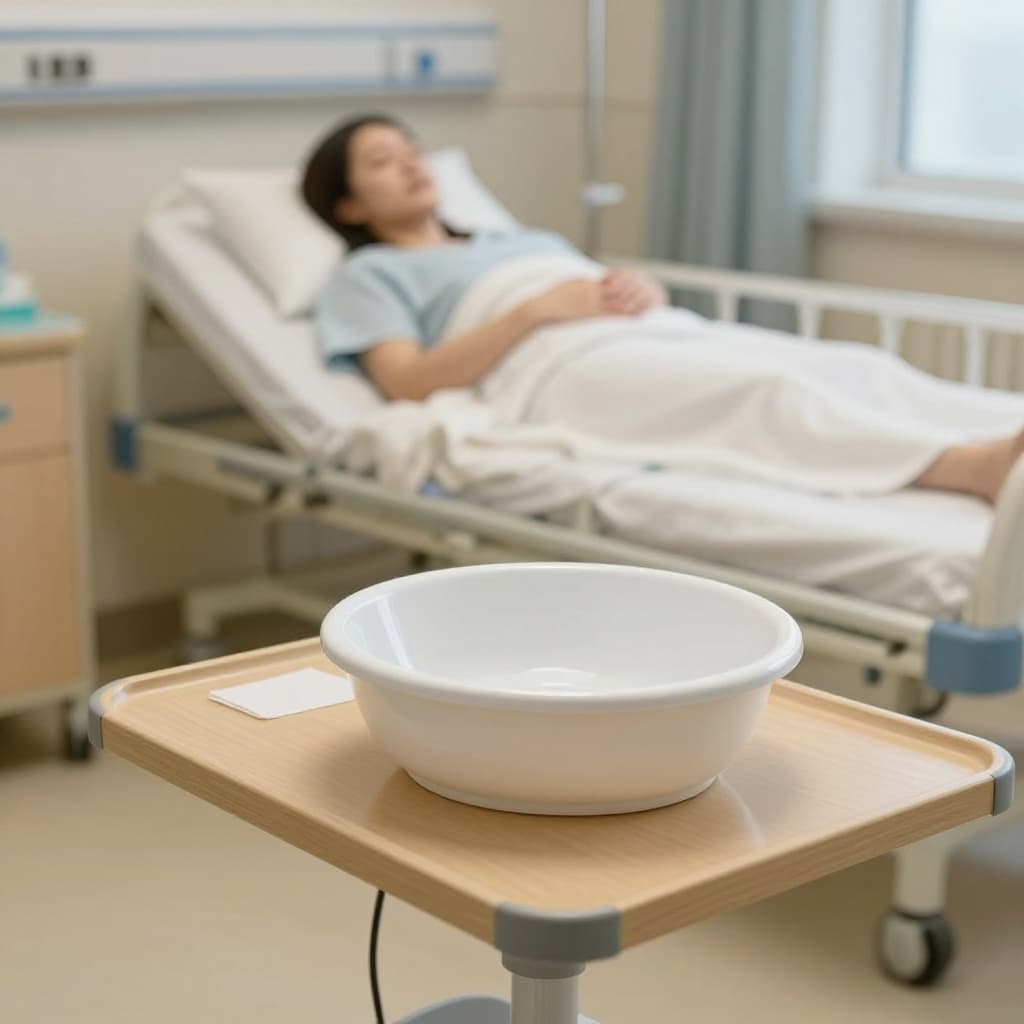 Clean calm hospital labor room with wooden birthing bed, soft lighting, emesis basin on rolling tray table, blurred pregnant woman in background.