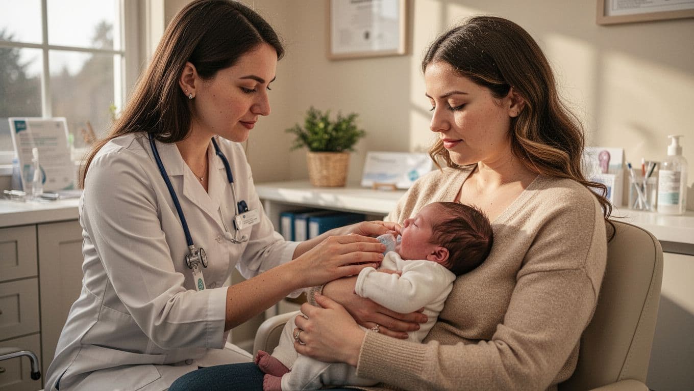 Lactation consultant helps seated mother adjust newborn's position for breastfeeding latch in cozy office.