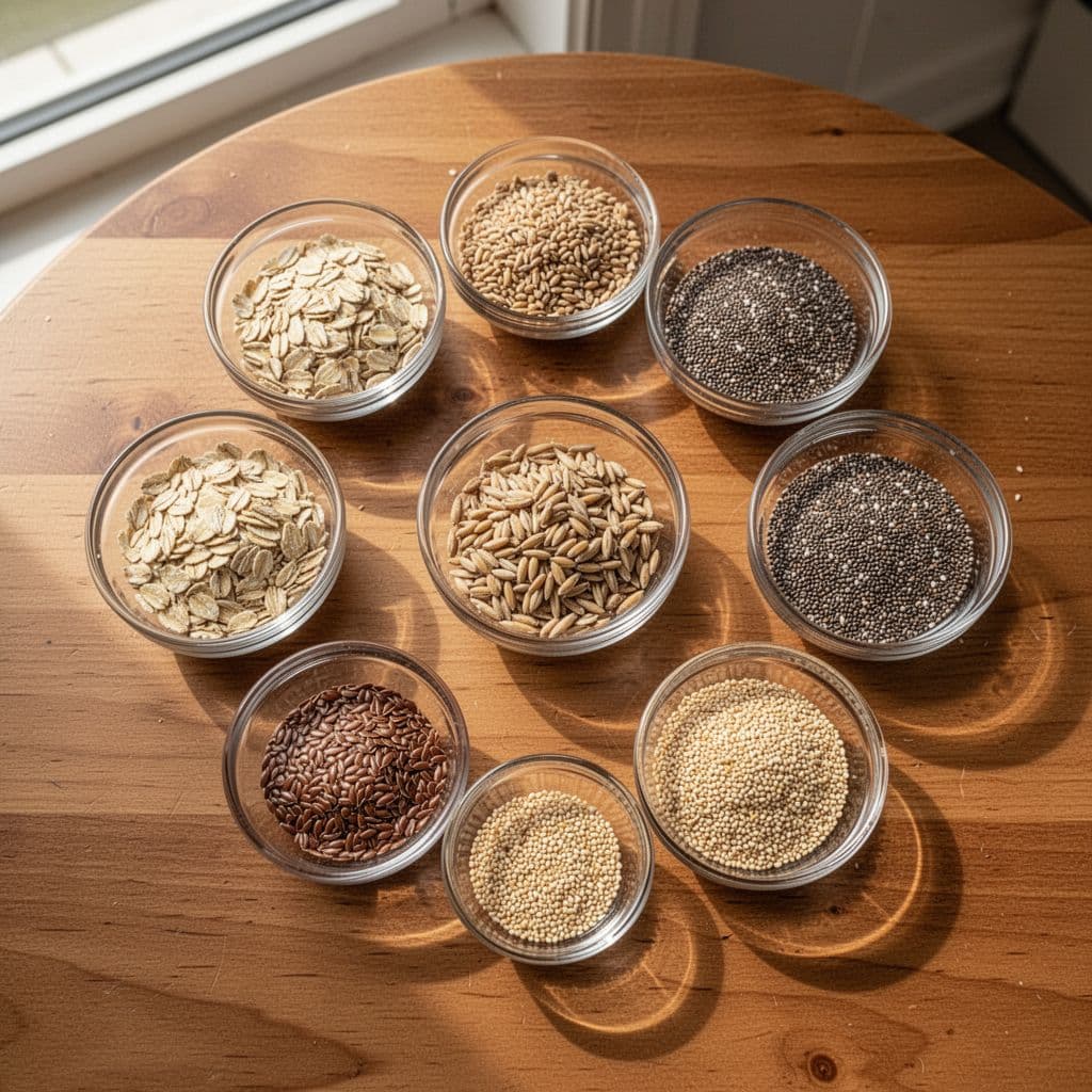 Small glass bowls on wooden table filled with rolled oats, barley, chia seeds, flax seeds, sesame seeds.