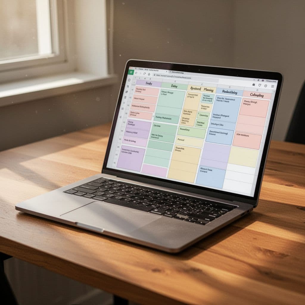 A clean spreadsheet on a laptop screen resting on a wooden desk with soft morning light.