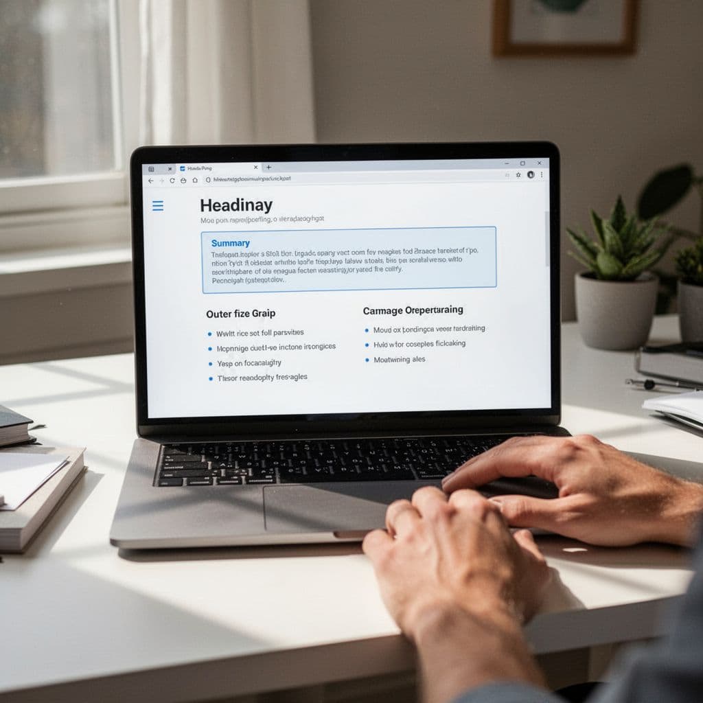 A laptop screen displays an organized blog post review with headings and bullet points on a desk.