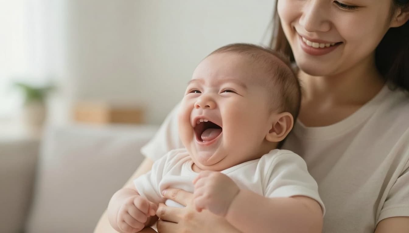 4-month-old baby laughing with open mouth while babbling, held in parent's arms in cozy living room.