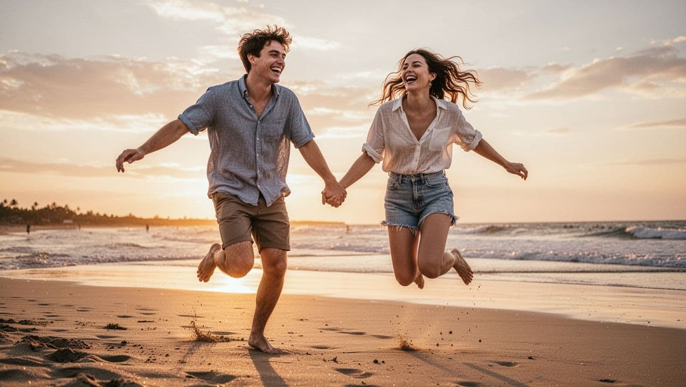 A vibrant young couple laughs joyfully while jumping together on a beach at sunset, holding hands loosely in casual summer clothes, capturing the thrill of an unpredictable adventure.