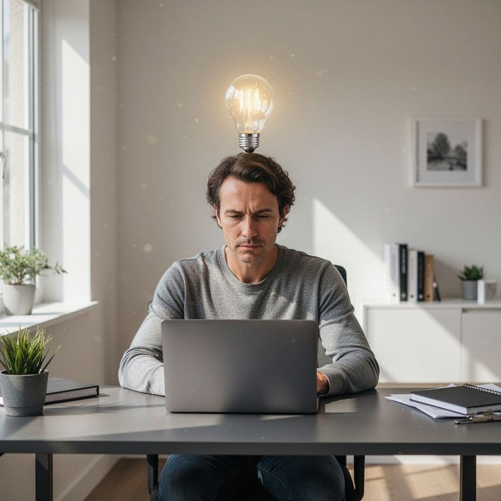 Person sits at desk with laptop in modern home office, glowing lightbulb above head.
