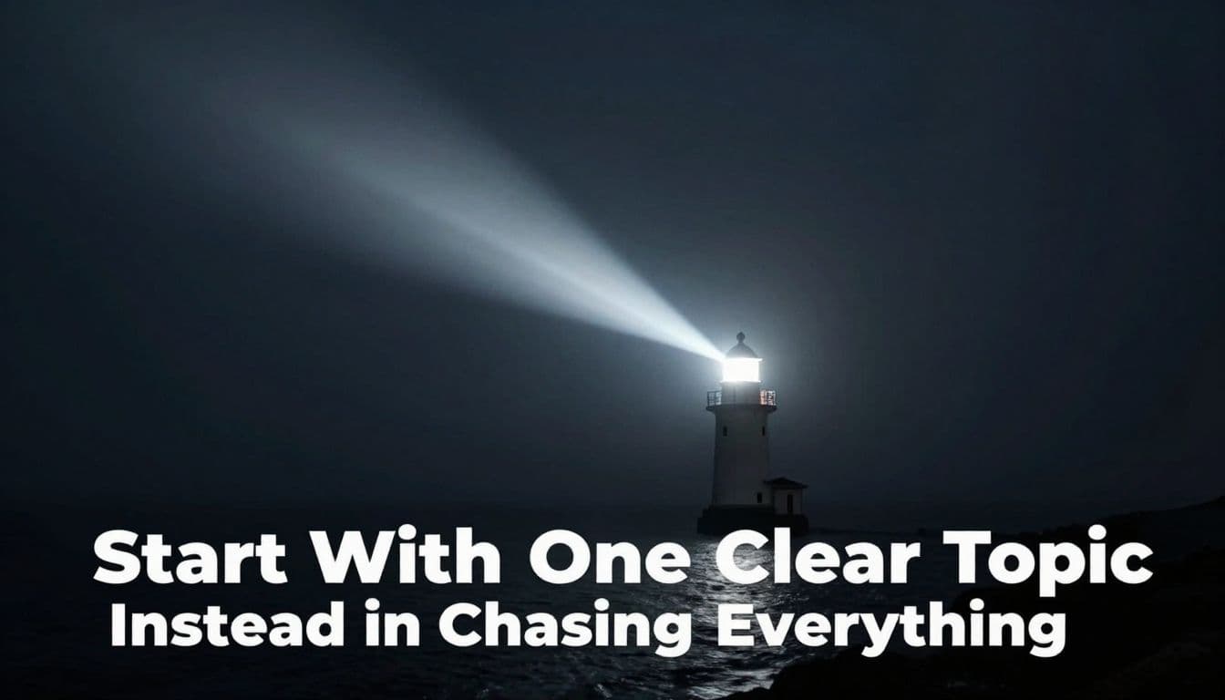 A single, intense lighthouse beam slices through a dense, dark fog during the night. The sharp light converges onto a precise, illuminated point located far across the horizon line.
