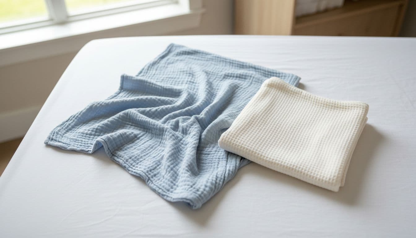 Soft lightweight muslin swaddle blanket and receiving blanket folded side by side on a clean white crib sheet in a bright nursery, top view.