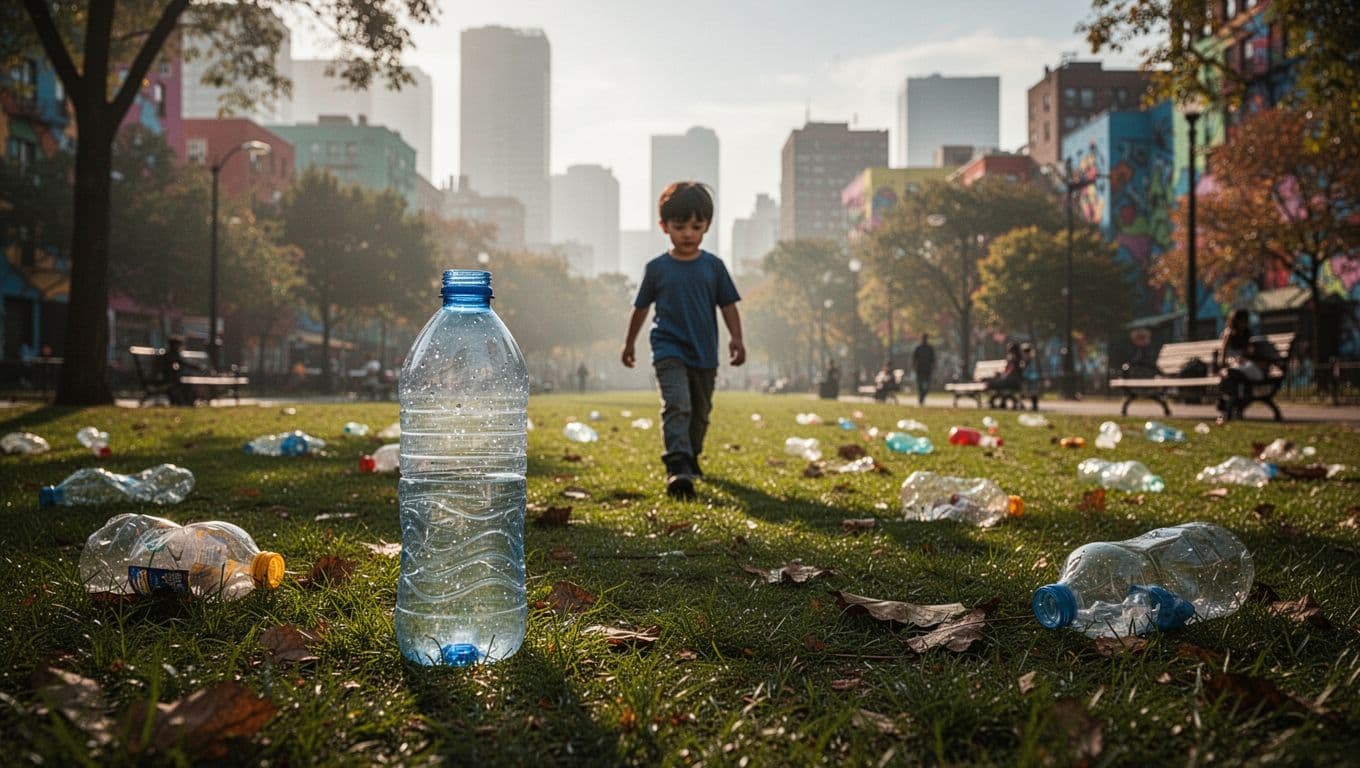 A discarded plastic bottle rests on the patchy green grass of a city park. In the blurred background, a lone child walks through the hazy field under a dim, overcast sky.