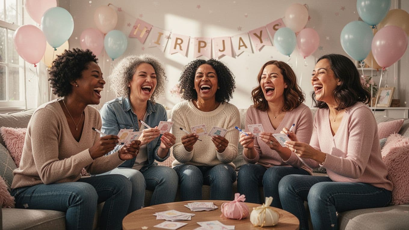 Diverse guests sit in a cozy, decorated living room laughing while holding game cards and pens. The scene features warm, dramatic lighting that highlights their genuine expressions and festive group interaction.