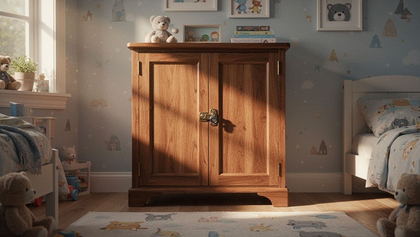 A sturdy wooden cabinet stands against a clean bedroom wall, featuring a secure child-proof lock attached to the handles. Warm morning light illuminates the organized room, highlighting the safe storage solution.