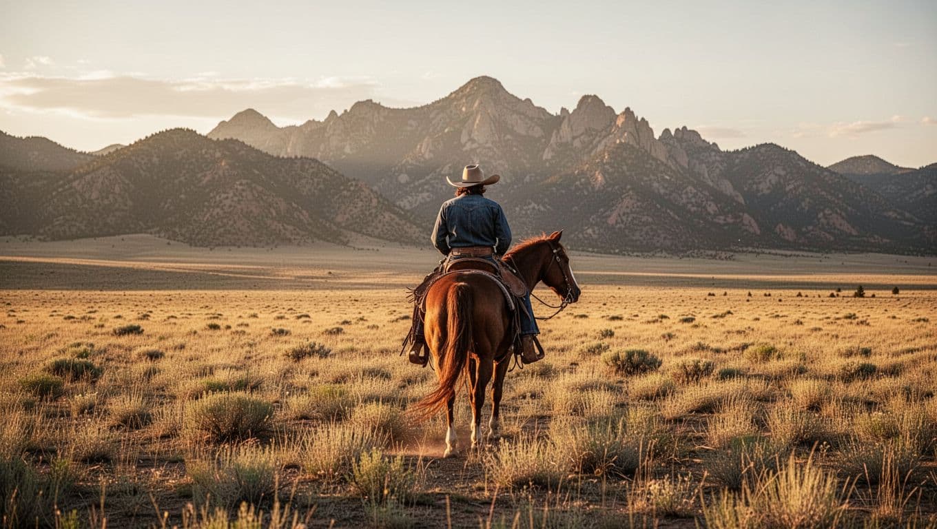 Lone cowboy on horse crosses open plains toward distant mountains at golden hour sunset.