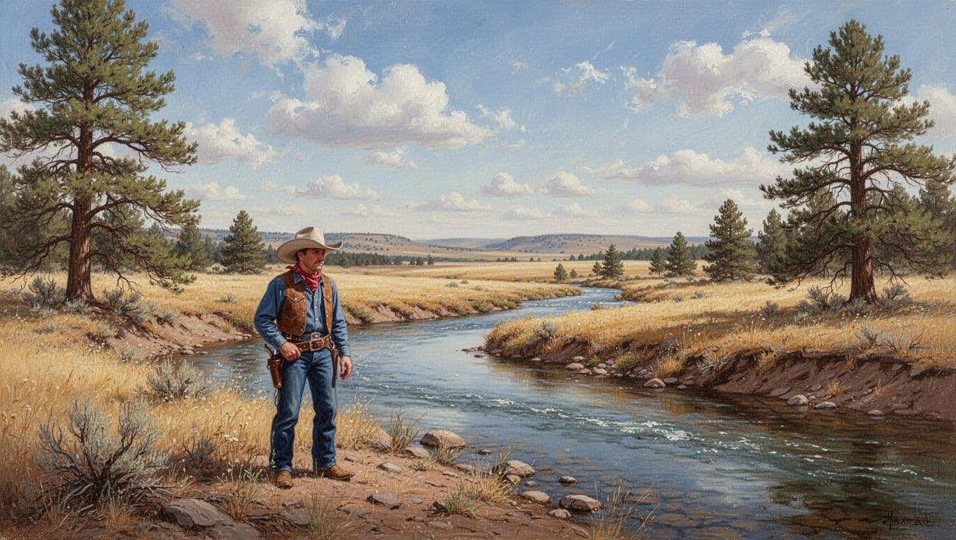 Lone cowboy stands by flowing river with pine trees and open fields under big sky.