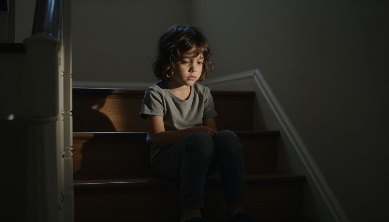 A young child sits solitary on a wooden indoor staircase, bathed in heavy cinematic shadows. The muted environment emphasizes the child's solemn expression while they stare into the dim, moody home interior.