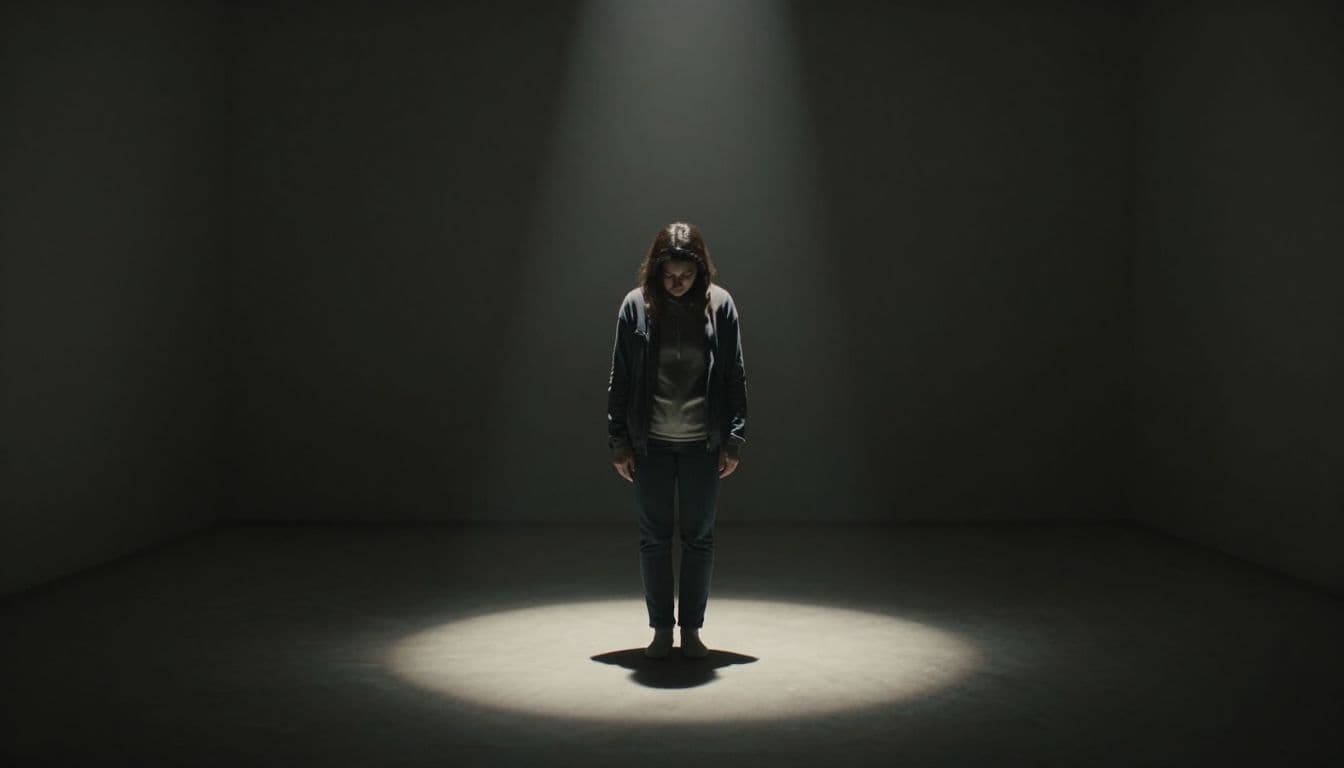 A solitary figure with slumped shoulders stands alone in a cavernous, dimly lit hall. A single overhead spotlight creates intense contrast, emphasizing the person's feeling of isolation within the shadows.