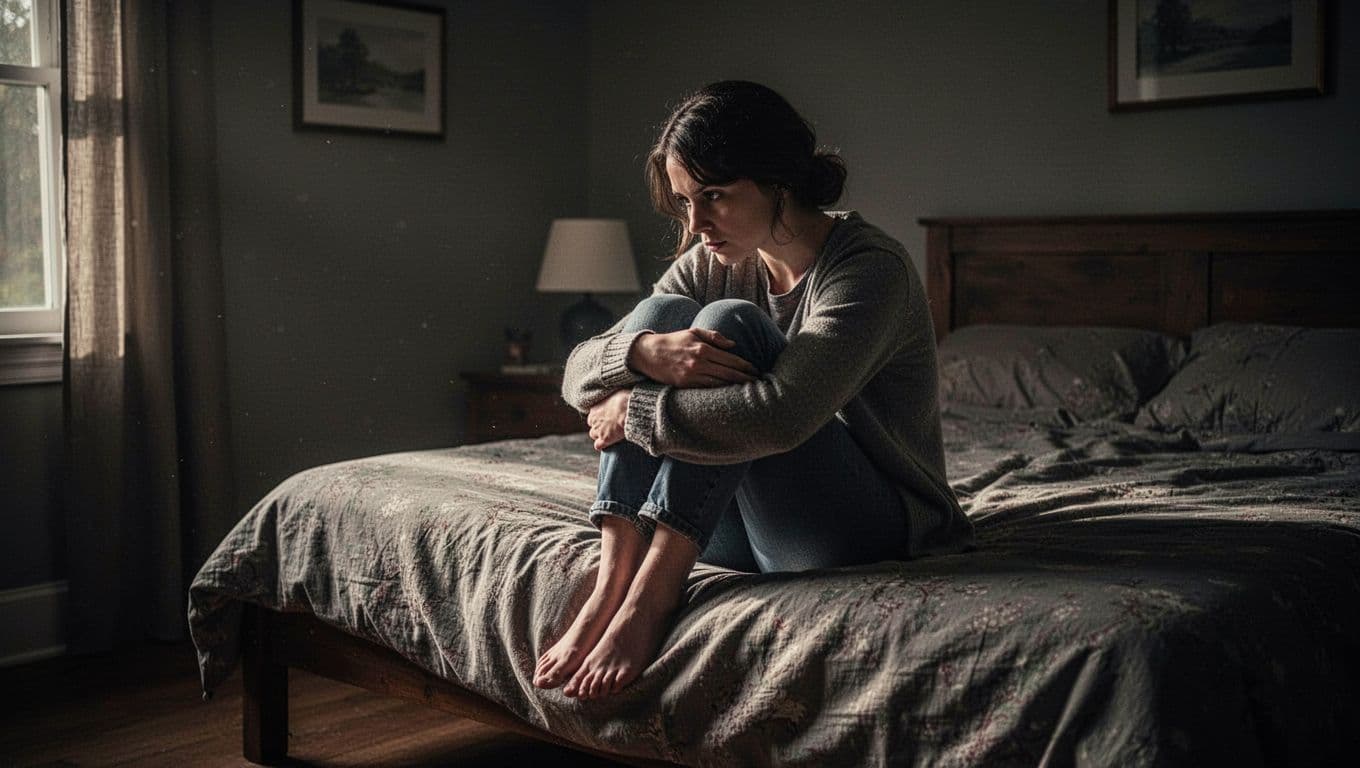 A person sits on the edge of a bed in a dimly lit room, hugging their knees tightly. Soft shadows emphasize their inward posture and defensive stance within the quiet, moody space.
