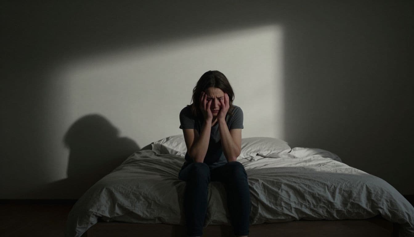 A solitary figure sits on the edge of a bed in a shadowy room, staring intently at their hands. High-contrast lighting casts elongated, moody shadows across the floor and walls.