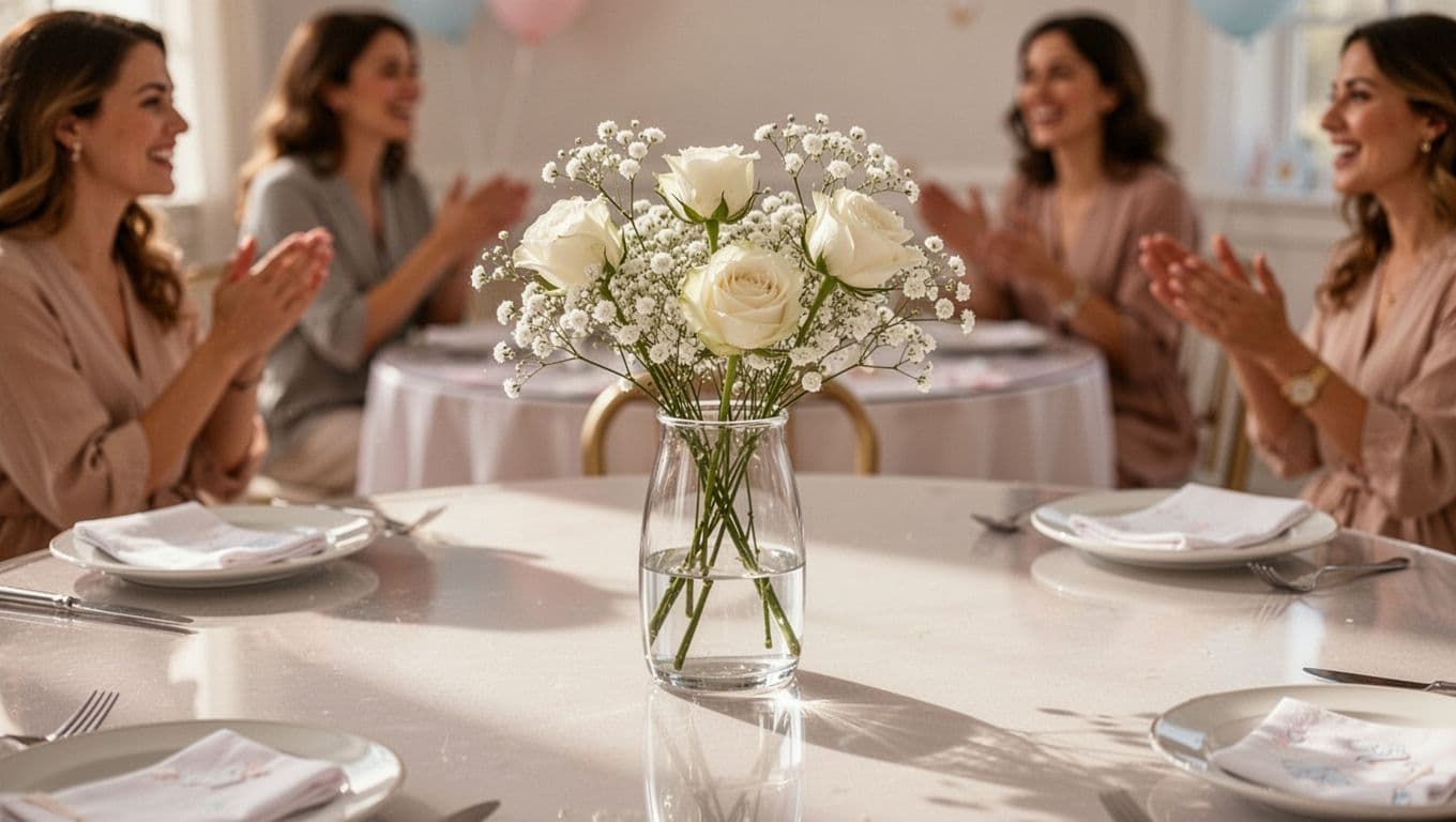 A glass vase holding delicate baby's breath and white roses sits on a circular table. The low-profile design ensures clear sightlines for blurred guests chatting in the sunlit background setting.