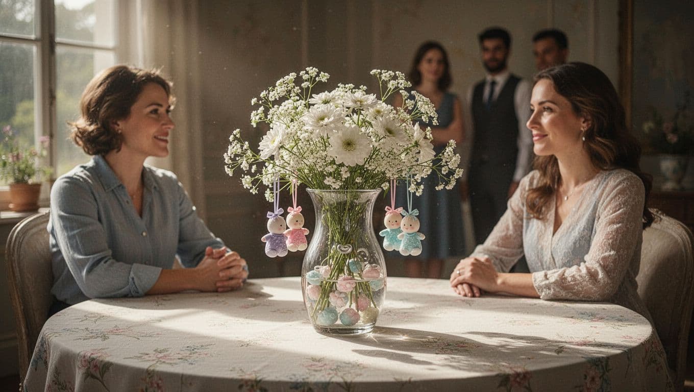 A glass vase holds soft white flowers and baby-themed charms atop a round table. Guests engage in relaxed conversation nearby while warm sunlight highlights the table arrangement and elegant decor details.