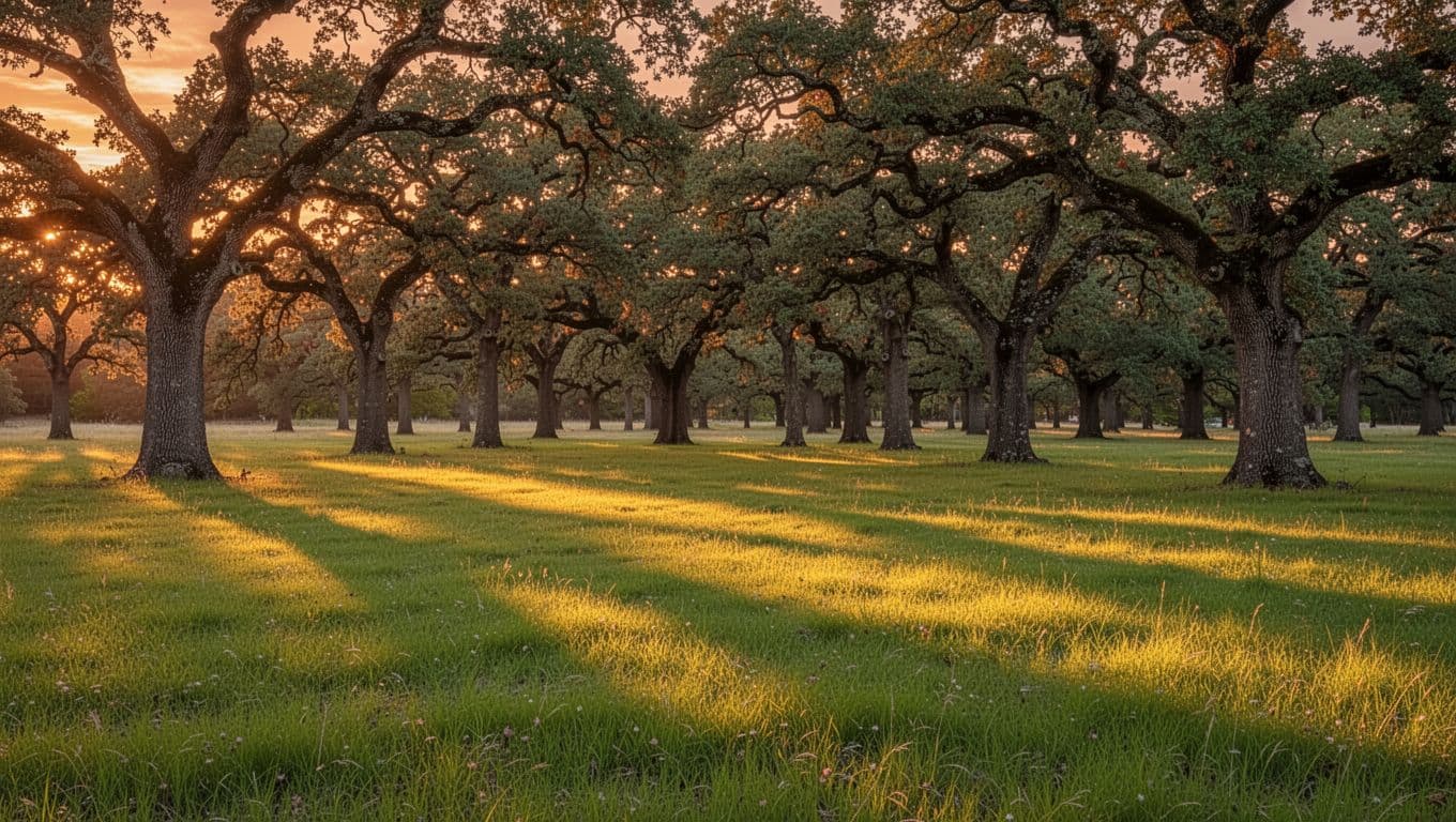 A dense grove of ancient oak trees stands beside a vast green meadow under a golden sunset. Long shadows stretch across the tall grasses, highlighting the vibrant landscape during the dusk.