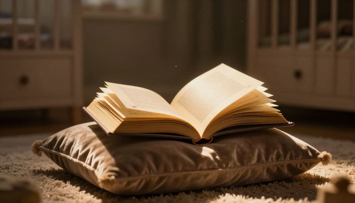 An open storybook rests on a soft velvet pillow, emitting a warm golden glow from its pages. The book is set within a cozy, dimly lit nursery filled with cinematic charm.