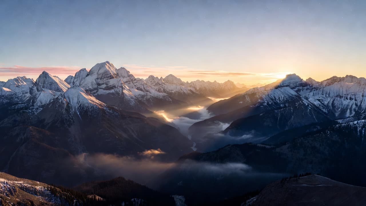 Sharp rocky summits glow with vibrant golden morning light while deep valleys remain cloaked in thick blue shadows. The layered mountain ridges create a sense of vast depth and calm beauty.